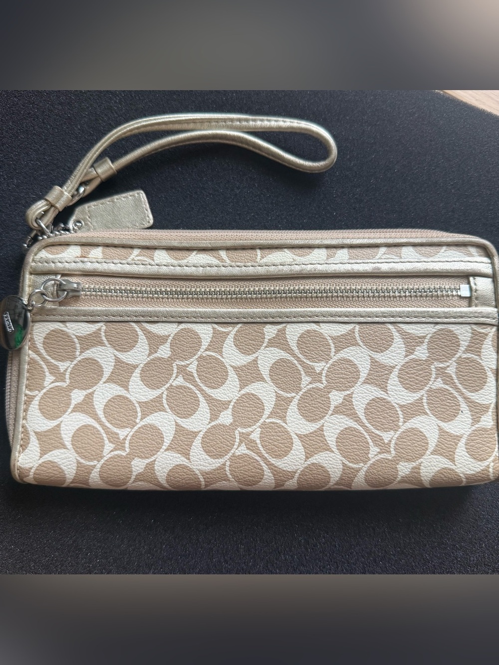 Coach Signature C Wristlet Wallet Beige Cream Metallic Gold Zip for women.